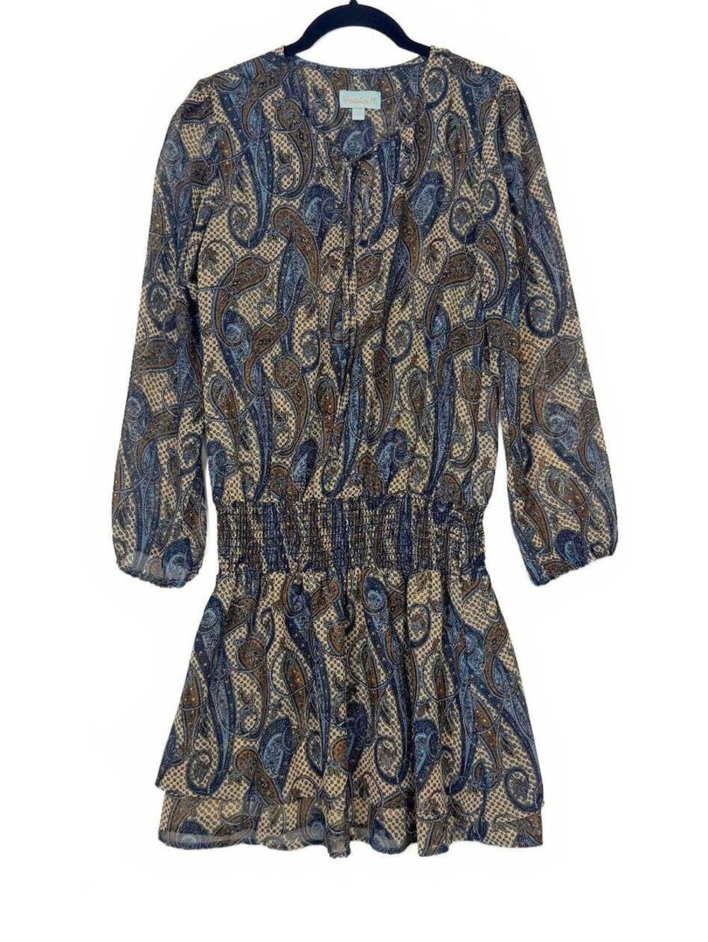 Veronica M Paisley Tie Neck Smocked Drop Waist Mini Dress Long Sleeve Size Small